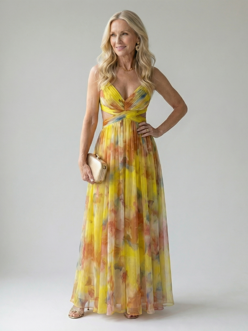 Yellow multicolor soft wrap maxi dress with V neckline and twisted gathered waist