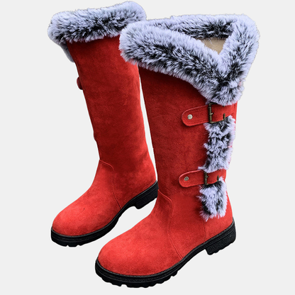 Red mid-calf suede boots with light blue faux-fur cuffs and two buckle strap accents