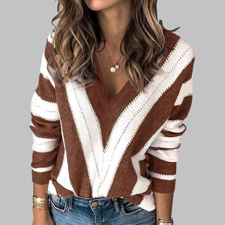 Brown V-neck striped long-sleeve sweater with white chevron zigzag stripes