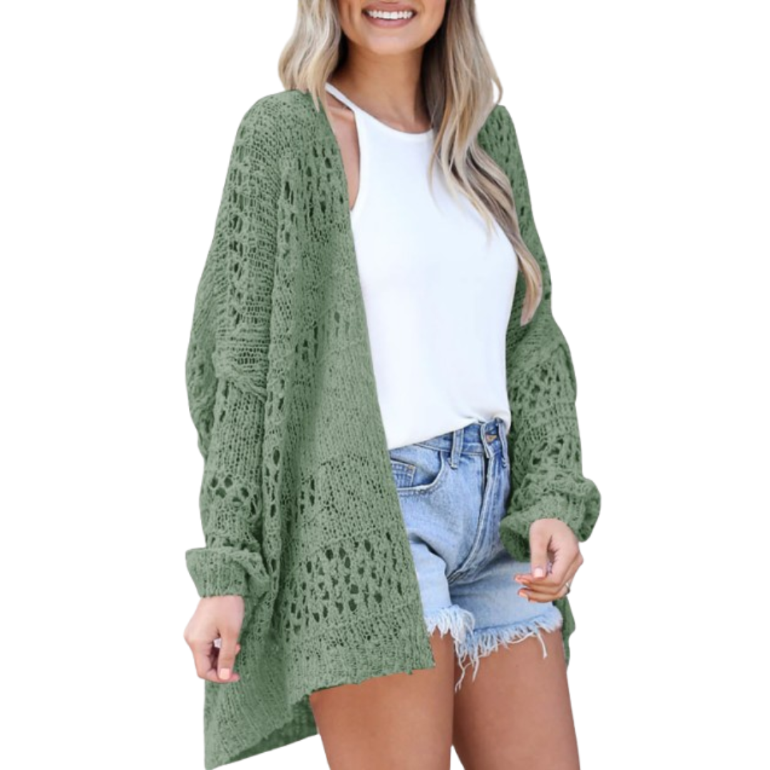Green open-knit oversized boho summer cardigan, long sleeves, fringe hem