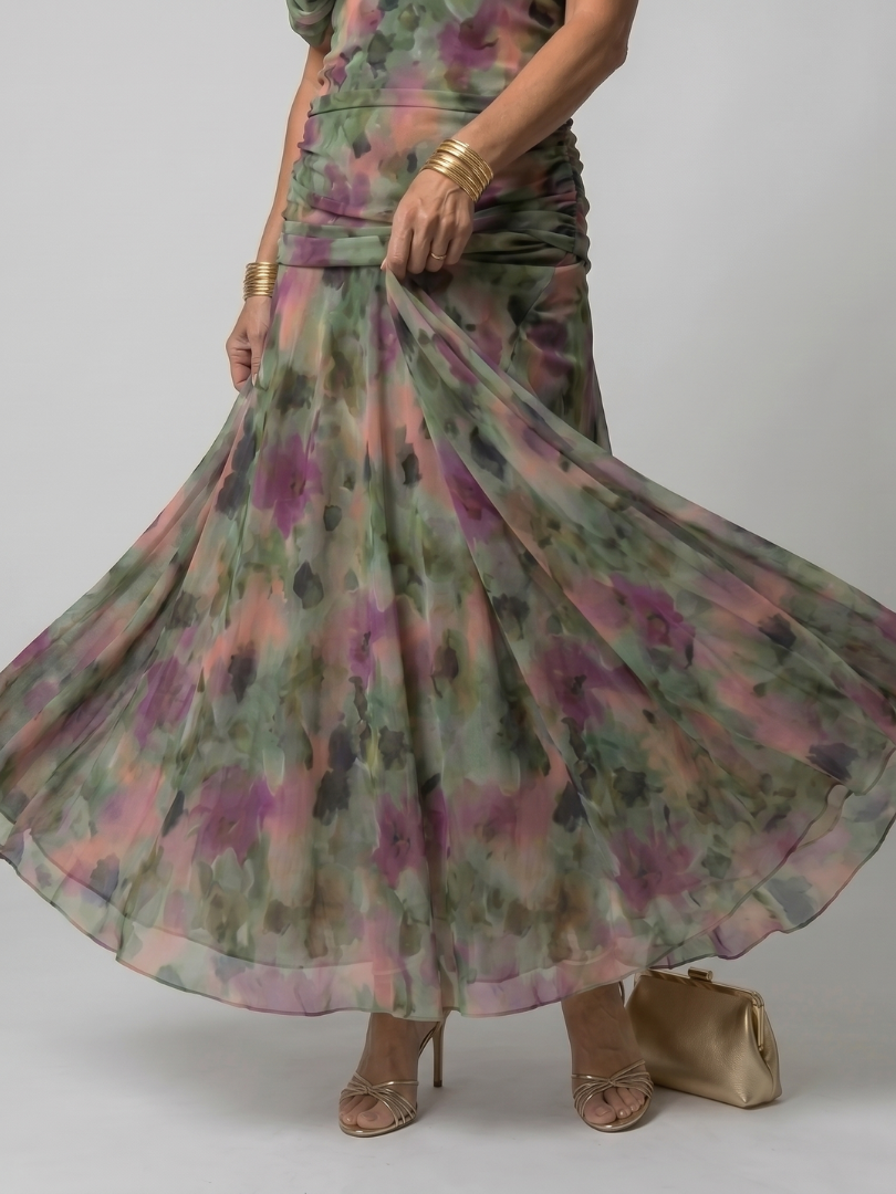 Off-shoulder flow midi dress in purple, pink, and green tie-dye print with full skirt