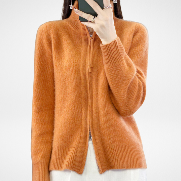 Orange zip-front knit sweater with ribbed hem and cuffs