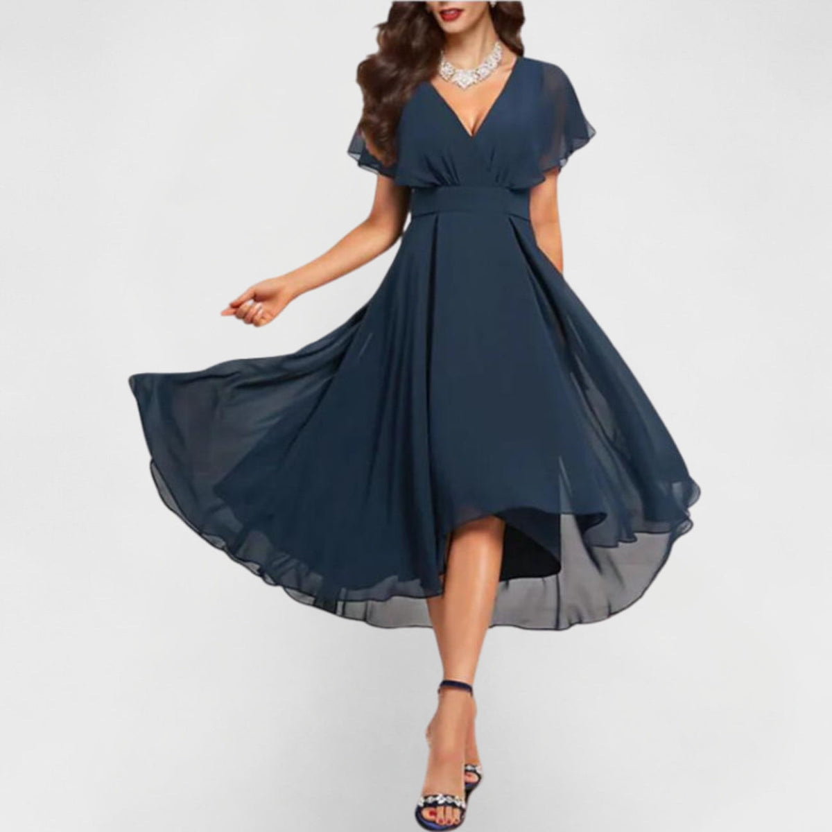 Navy V-neck maxi dress, gathered waist and full A-line skirt with flutter sleeves