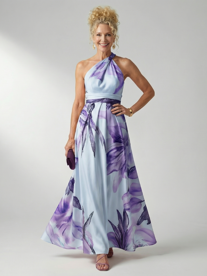 Amiel light floral maxi dress, halter neck, sleeveless, purple floral print on light base