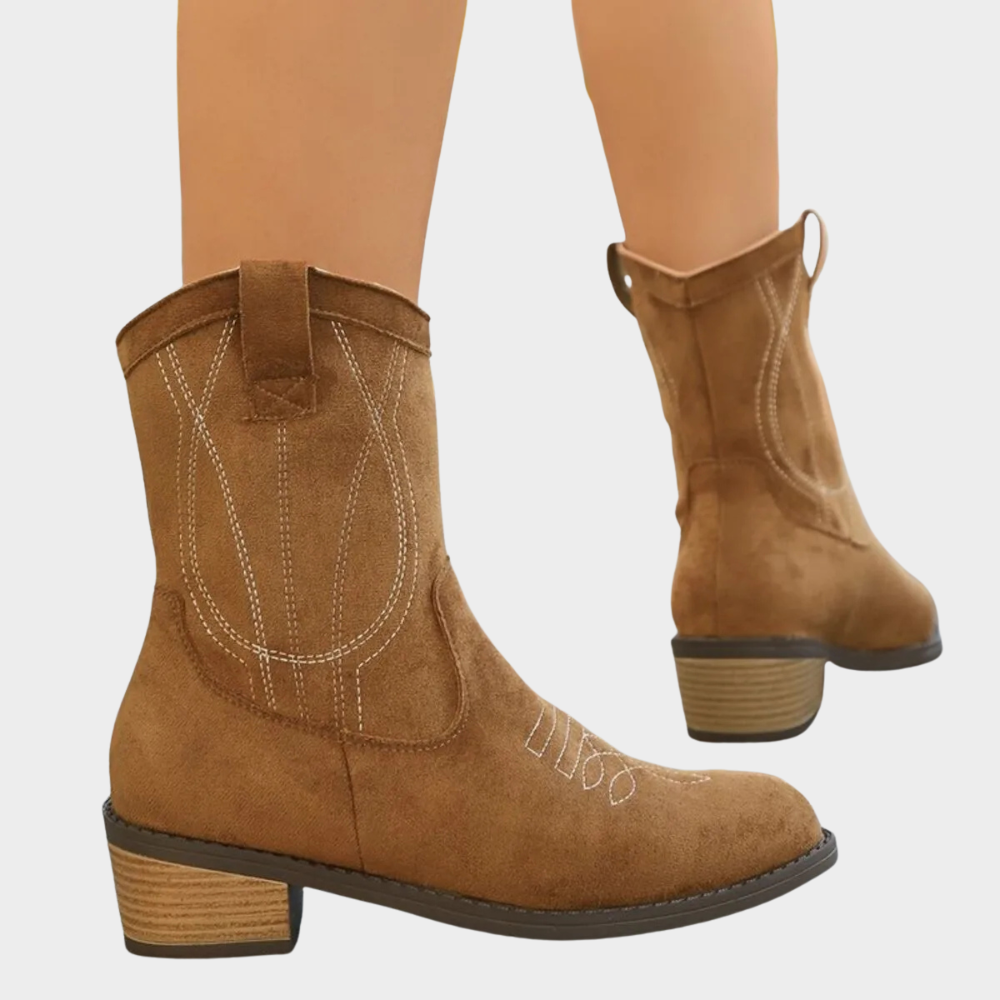 Tan suede cowboy ankle boots, rear and side views with stitched V panels and low heel