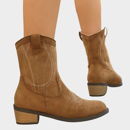 Tan suede cowboy ankle boots, rear and side views with stitched V panels and low heel