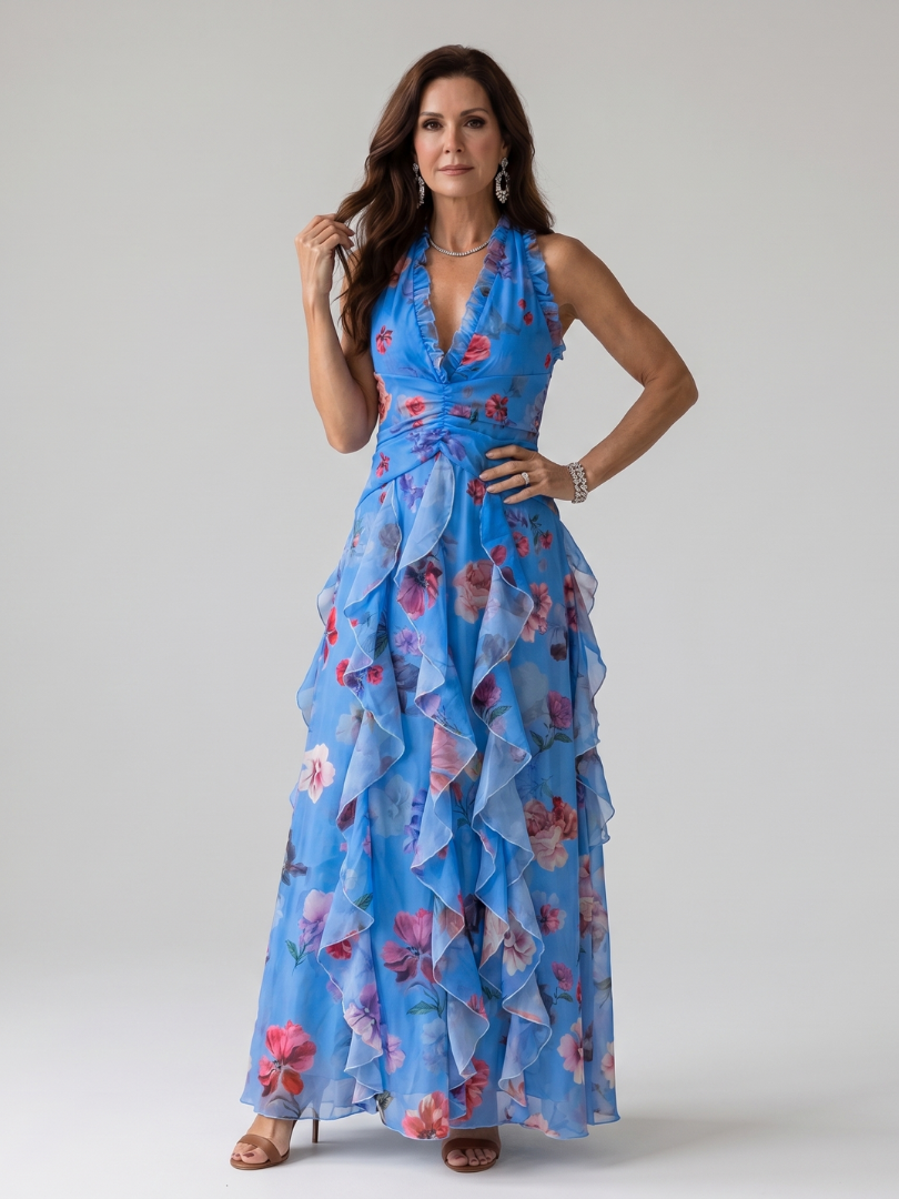 Blue floral maxi dress with halter neck, ruched bodice and layered ruffle skirt
