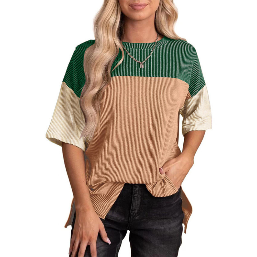 Green and tan color-block striped summer top, ribbed round neck, short sleeves