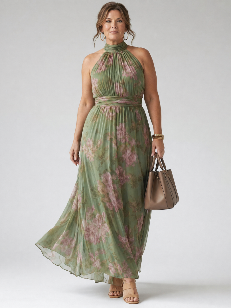 Sage green halter midi dress with pink floral print, gathered high neck and cinched waist