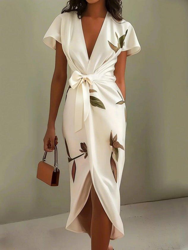 White wrap midi dress with short sleeves, V-neck, leaf print, and tied waist
