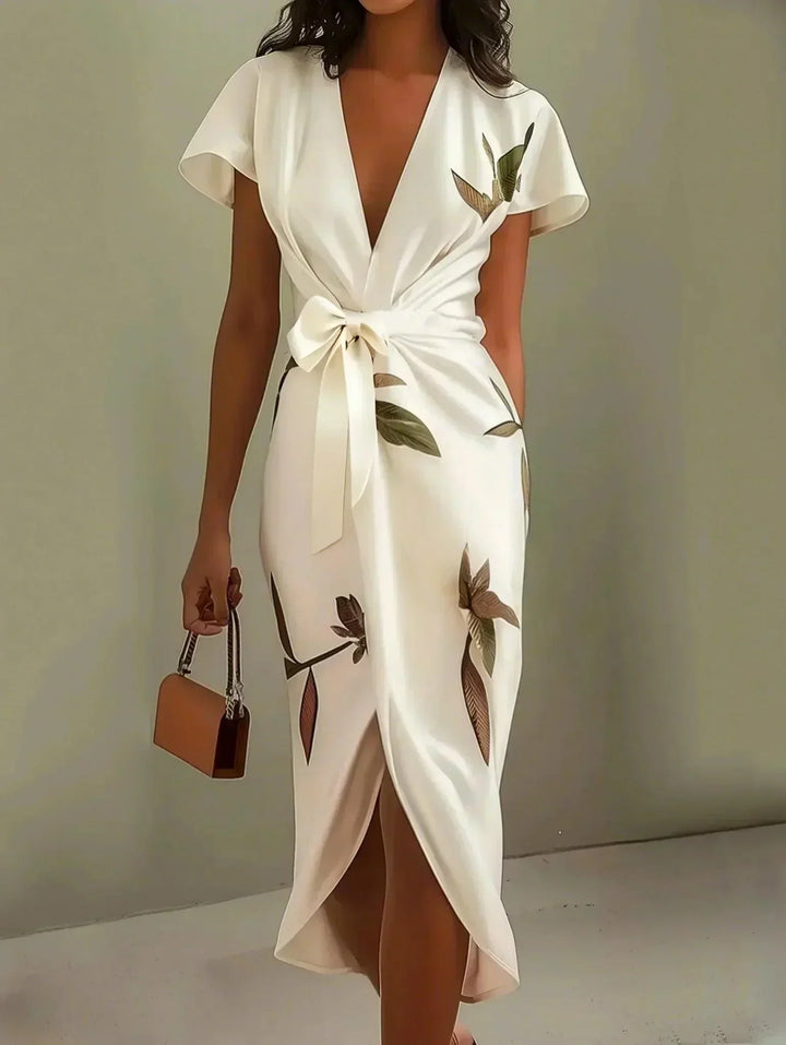 White wrap midi dress with short sleeves, V-neck, leaf print, and tied waist