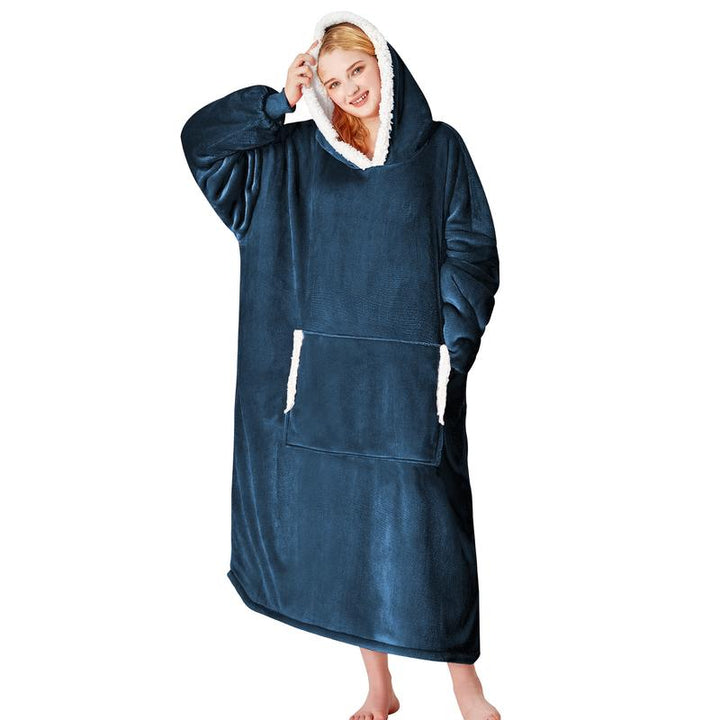 Navy wearable blanket hoodie with sherpa-lined hood and front pocket pouch