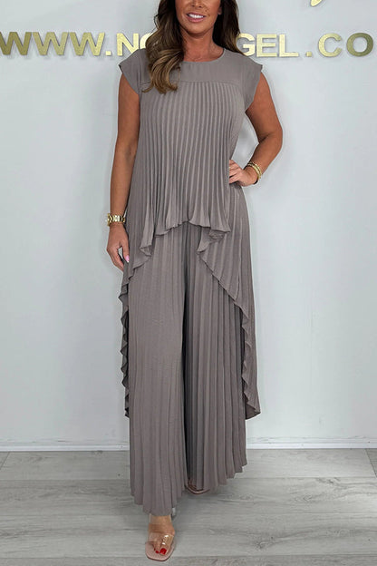 Grey pleated top and wide-leg pants set with sleeveless tiered ruffle