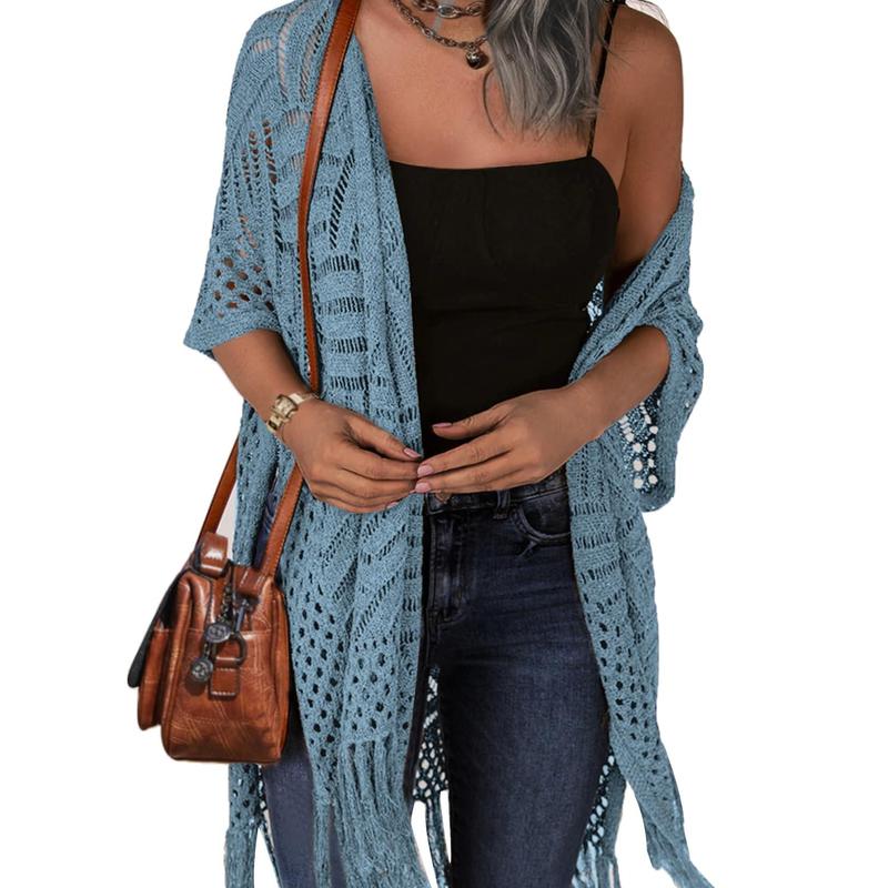 Open-front crochet knit cardigan in light blue, short sleeves with openwork pattern