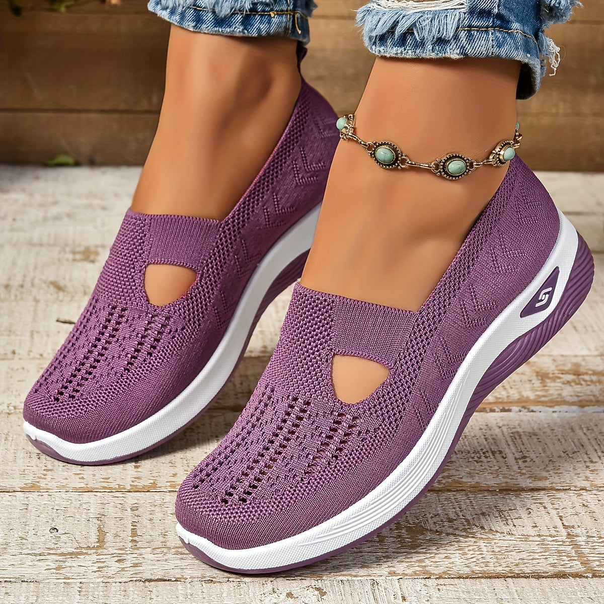 Lilac knit slip-on orthopedic shoes with side cutouts and white cushioned sole