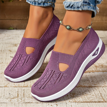 Lilac knit slip-on orthopedic shoes with side cutouts and white cushioned sole