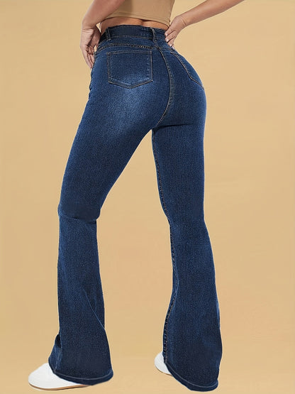Dark blue high-rise flare jeans, wide bell leg with belt loops and rear pockets