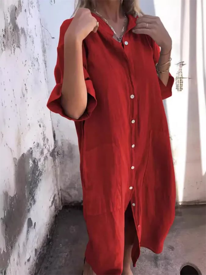 Button-front midi dress, red with short sleeves and long side slit