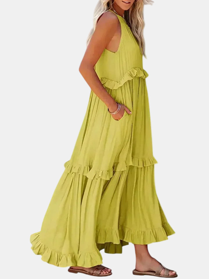 Lime green sleeveless long dress with tiered ruffles and flared skirt