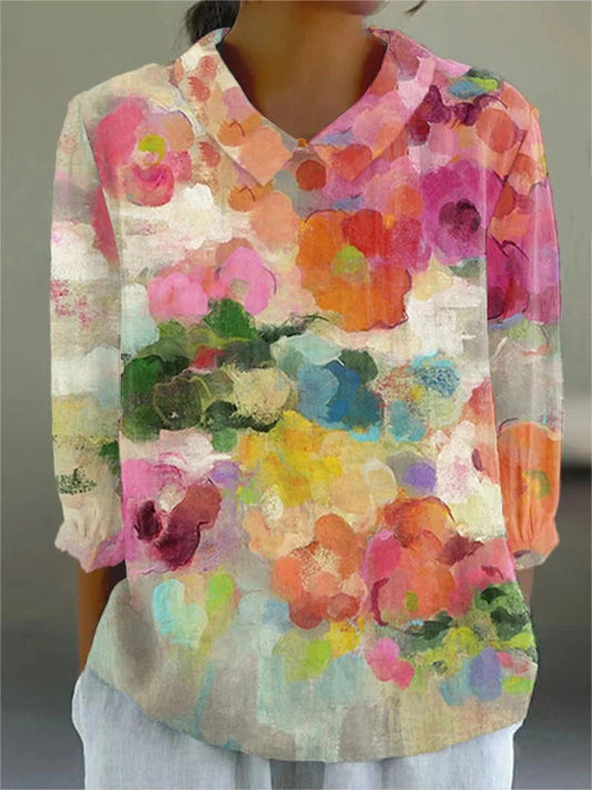 Multicolor floral watercolor blouse with round neckline and long sleeves