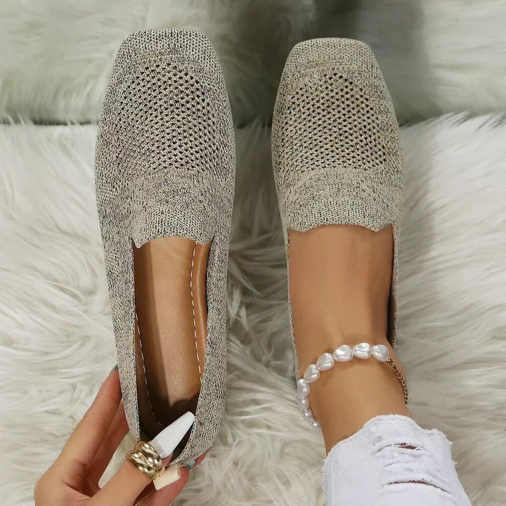 Beige knit slip-on orthopedic shoes with low heel and pearl ankle strap detail