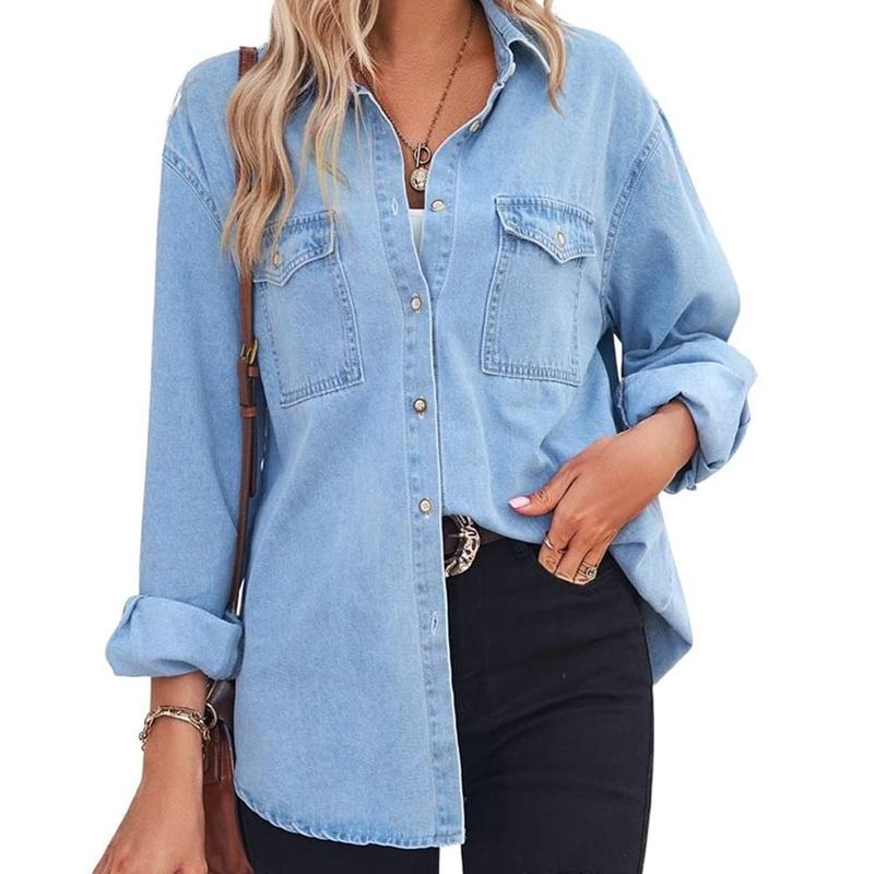 Light blue denim long-sleeve button-up shirt with chest pockets and cuffs