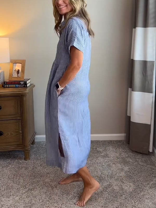 Blue and white striped button-up midi dress, short sleeves, side slit detail