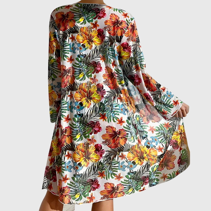 Floral beach cover-up robe with back view and wide kimono sleeves, flowing drape