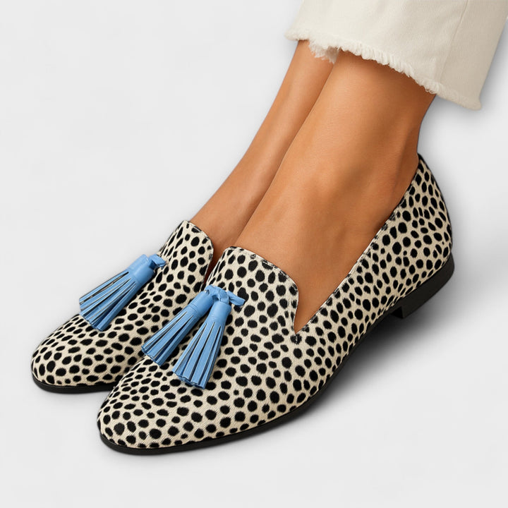 Leopard-print loafers with light blue tassel fringe