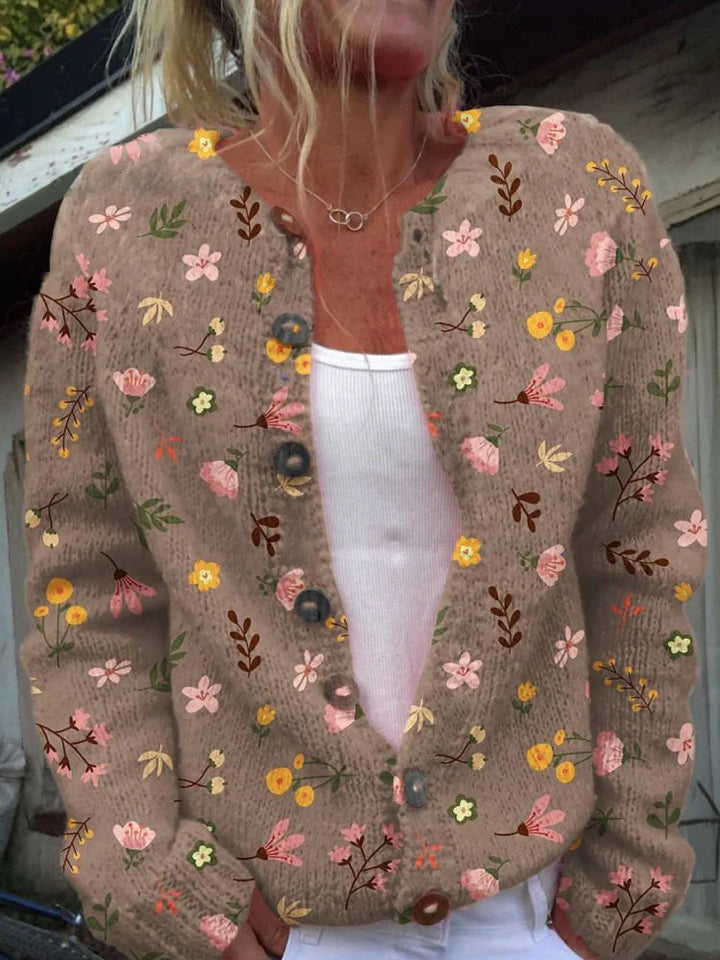 Brown vintage floral cardigan with V-neck and button front, long sleeves
