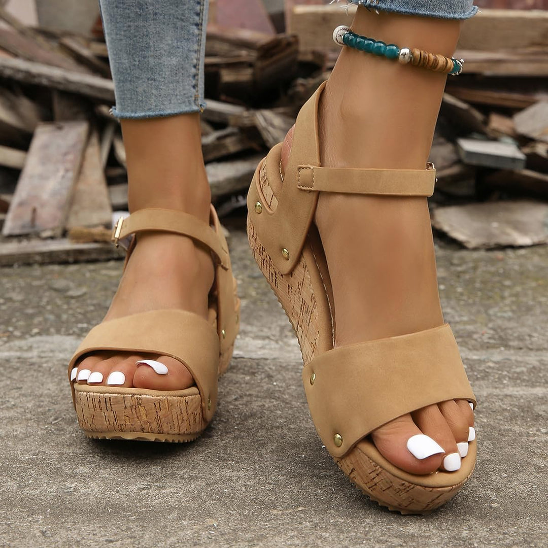 Khaki wedge sandals with front buckle strap and cork platform, open toe