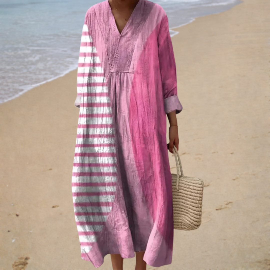 Printed summer dress with V-neck, gathered waist, long sleeves, pink and striped