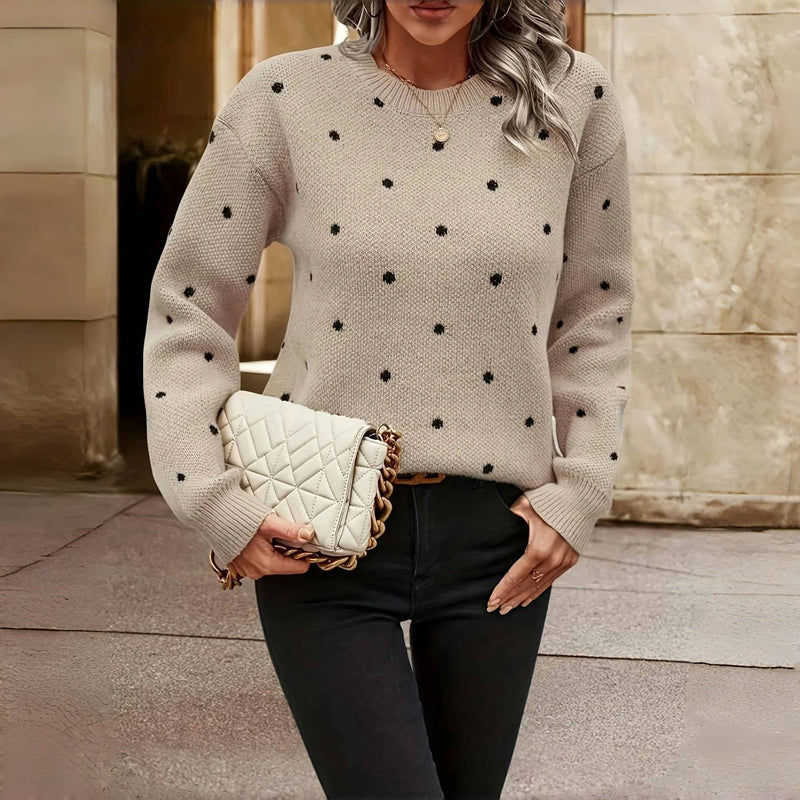 MAEVE™ polka dot sweater with ribbed cuffs and hem, black dot pattern