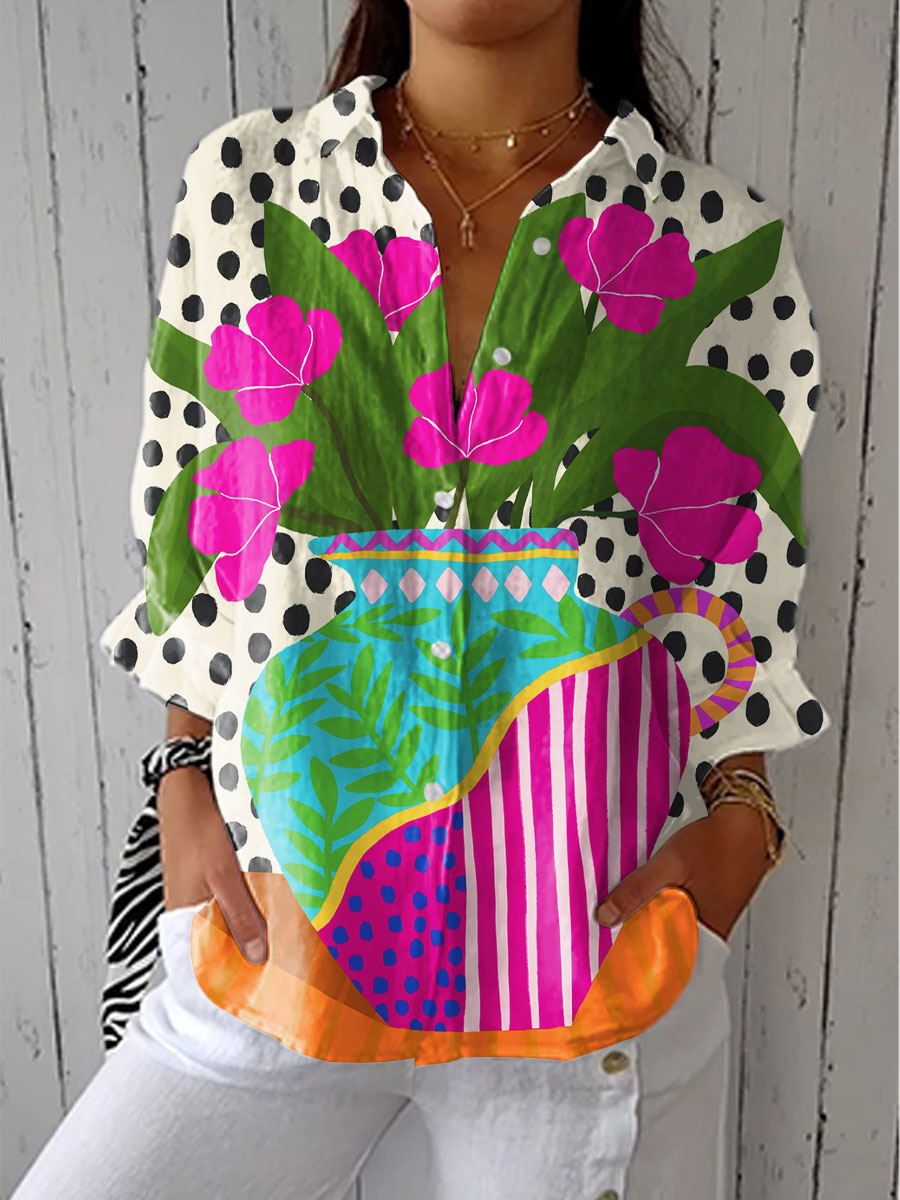 Multicolor floral polka-dot blouse with V-neck, long sleeves, relaxed fit