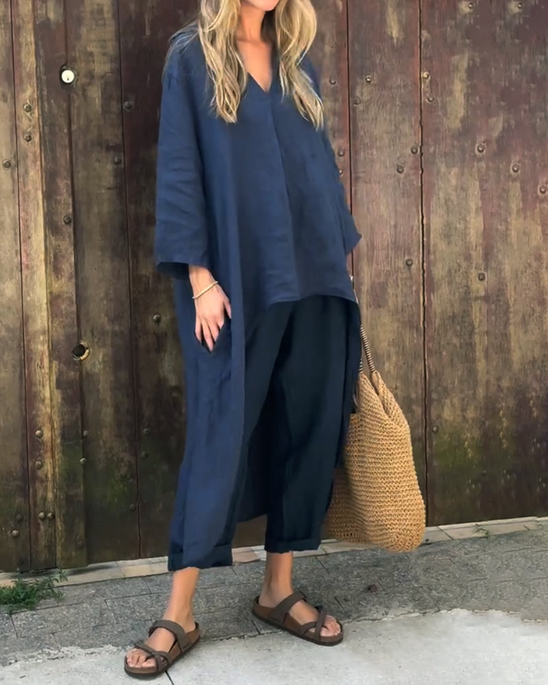 Navy blue V-neck tunic top and relaxed-fit cropped pants two-piece set