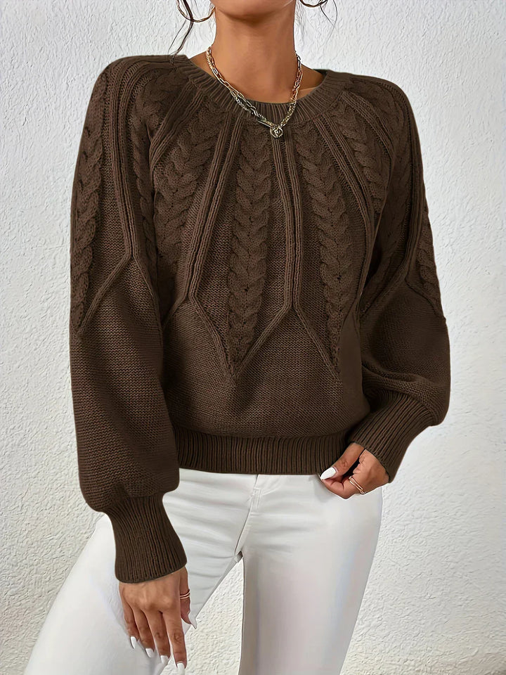 Classic comfort sweater in dark brown with cable knit texture, crew neck, long sleeves