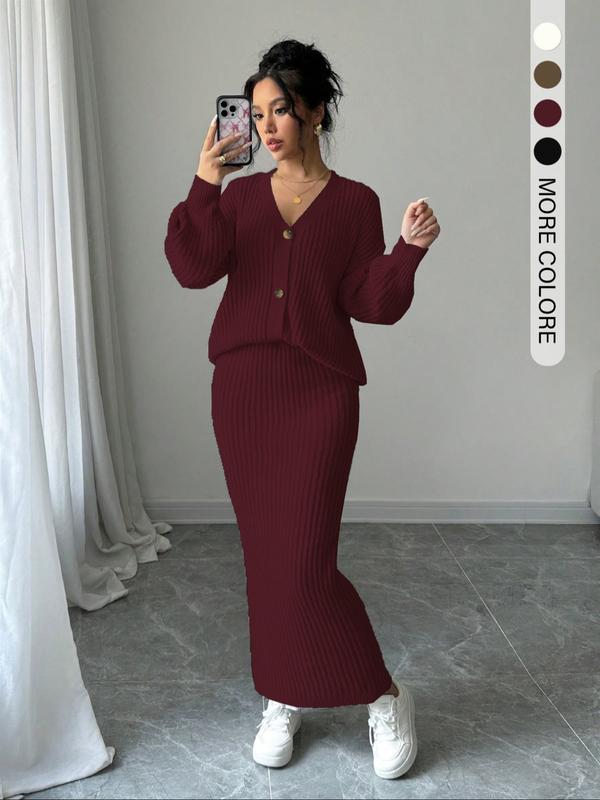 Burgundy ribbed knit sweater and long skirt set with button-front cardigan