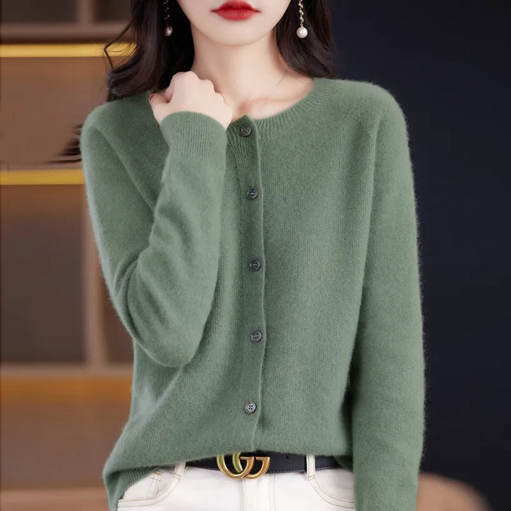 Green soft button-up cardigan sweater with button front and ribbed neckline