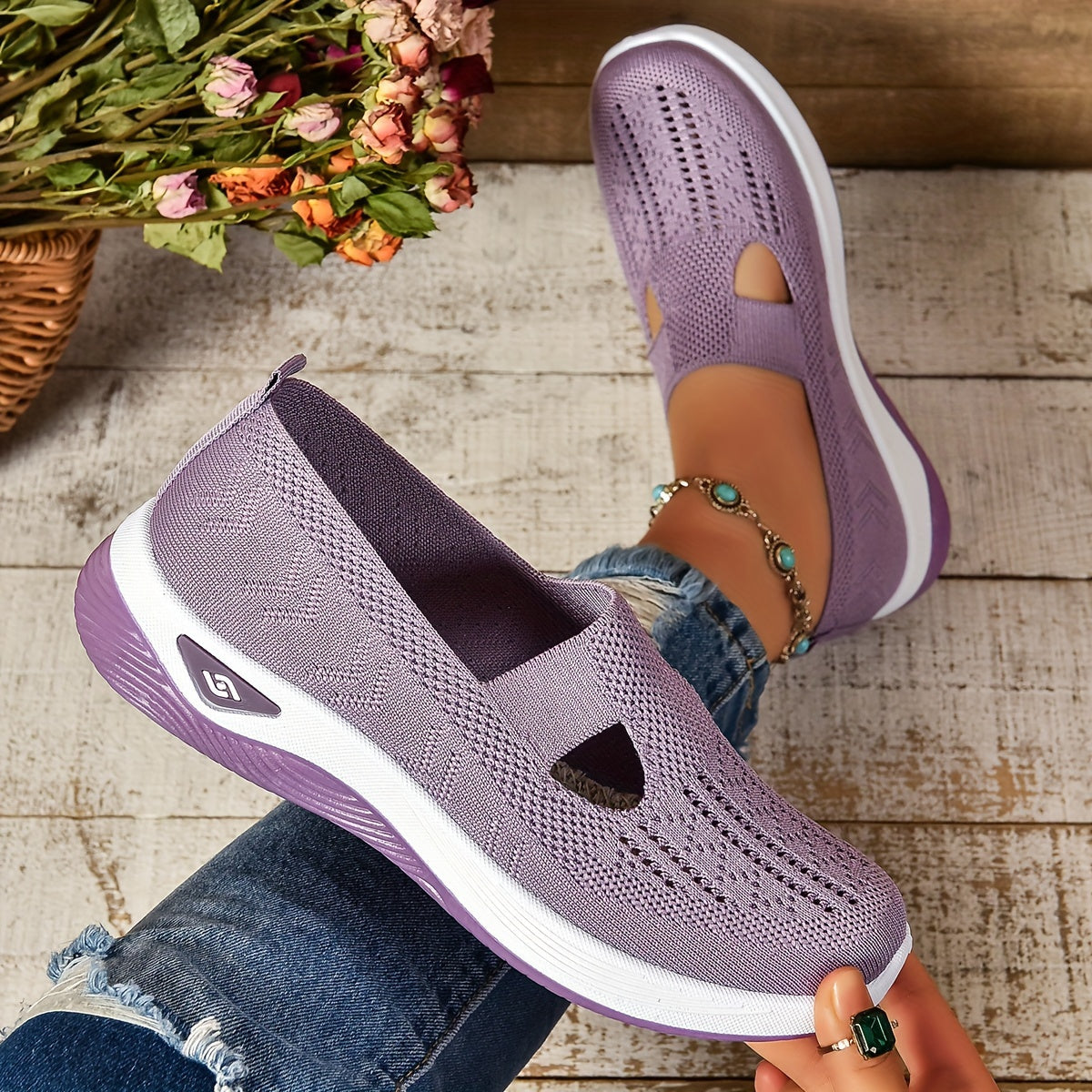 Lilac orthopedic slip-on shoes, knit upper with elastic collar and perforated tread sole