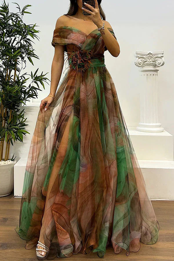Off-shoulder maxi dress, rust-olive plaid with feathered waist and side slit