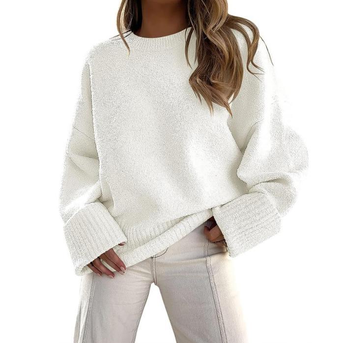 White crewneck long-sleeve pullover sweater with ribbed cuffs and hem