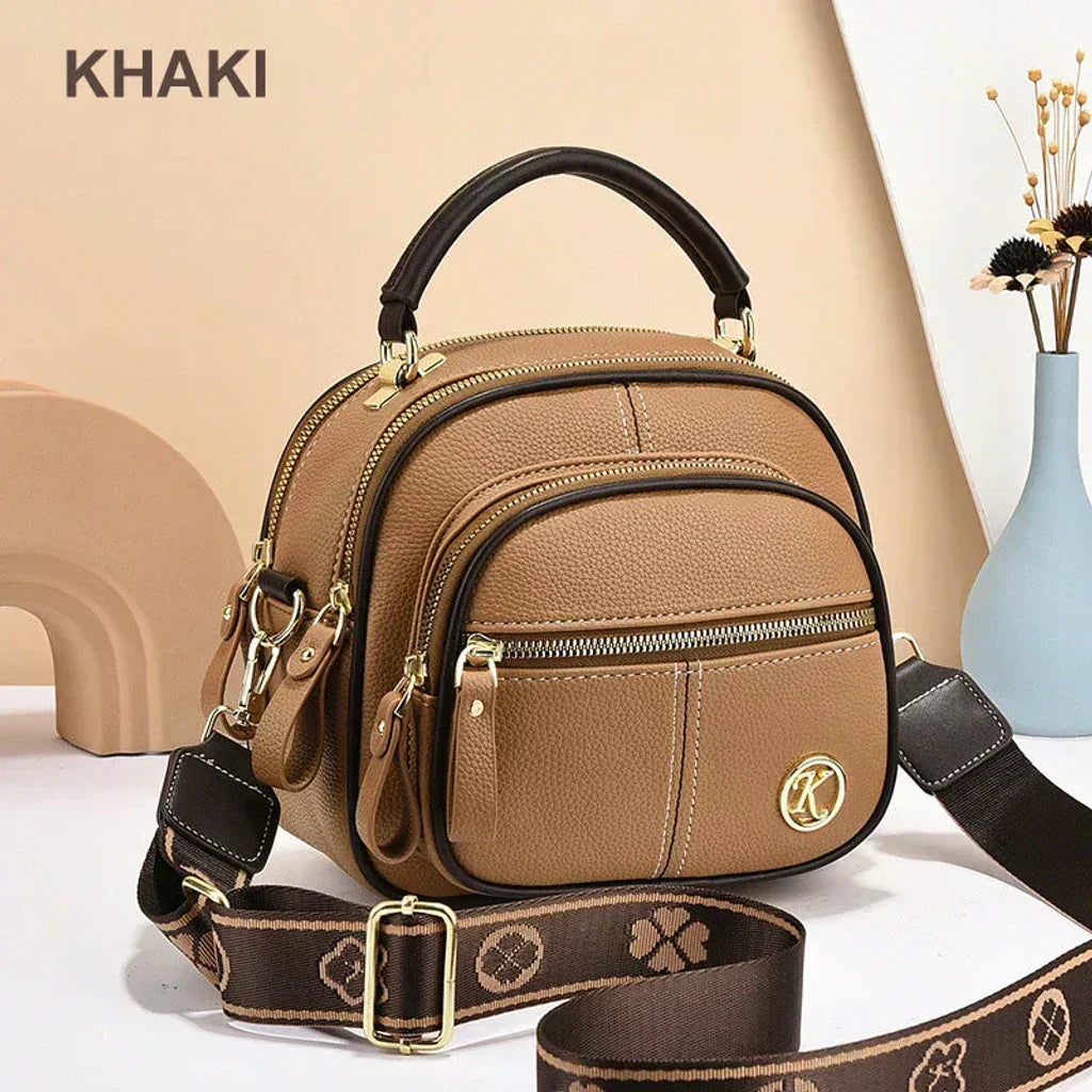 Mini chic crossbody shoulder bag in khaki with gold-tone hardware and zip compartments
