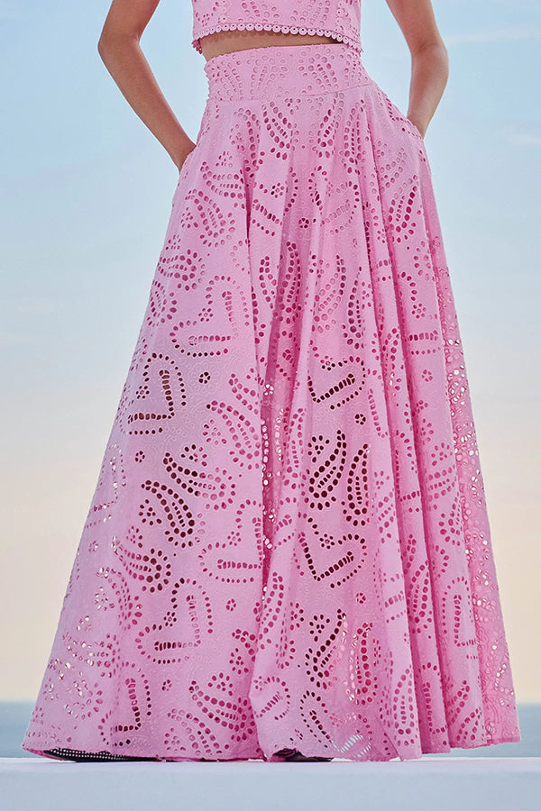 Pink high-waist maxi skirt with eyelet lace embroidery and gathered pleats