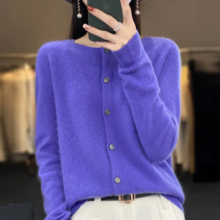 Purple soft button-up cardigan sweater with front buttons and ribbed cuffs