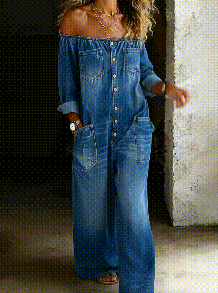 Blue off-shoulder denim jumpsuit with button front and chest pocket detail