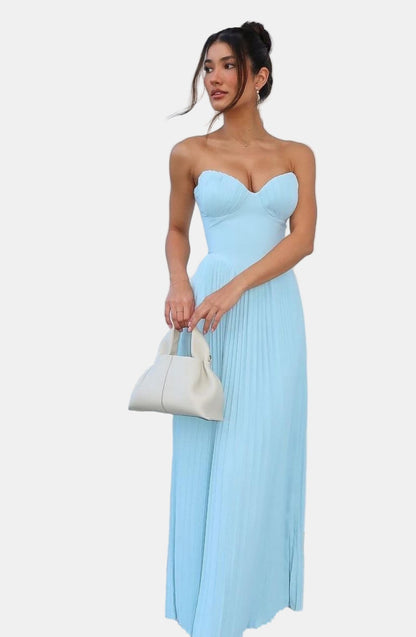 Light blue strapless maxi dress with sweetheart neckline and pleated bodice