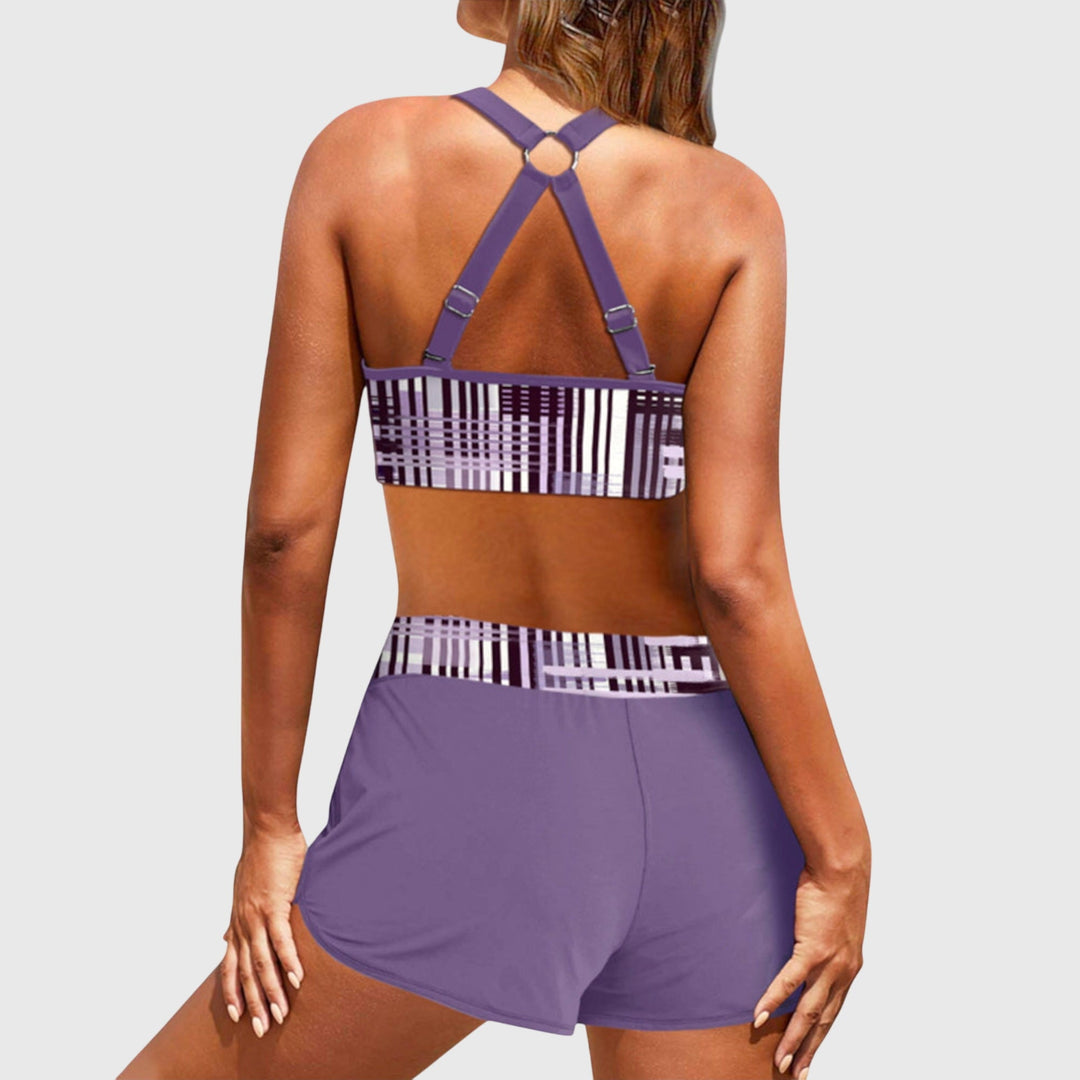 Purple ribbed high-waisted bikini set, racerback striped bra and matching drawstring shorts