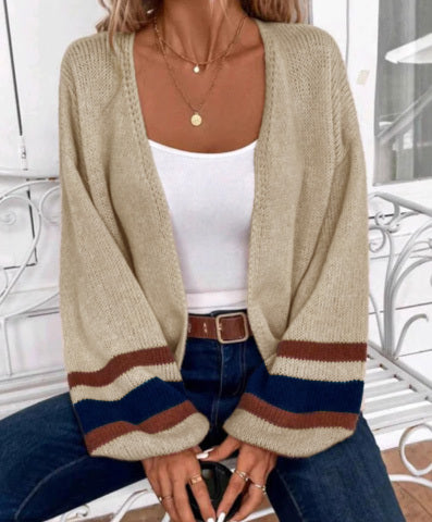 Khaki open-front knit cardigan with striped cuffs and lantern sleeves