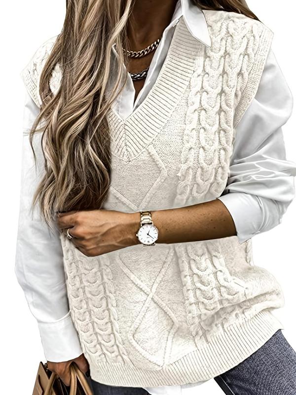 Off-white textured V-neck knit vest with cable pattern and ribbed hem trim