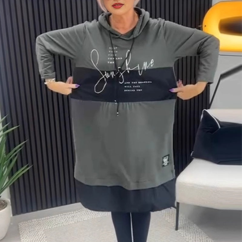 Gray casual hooded dress with long sleeves, front graphic panel and zip-up hood